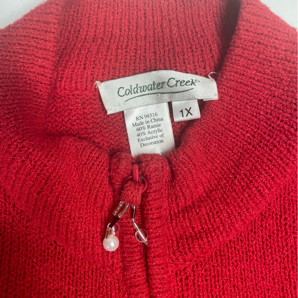 Coldwater Creek Cat Embellished Zip Front Sweater Red Womens 1X Beaded Trim - Picture 6 of 6